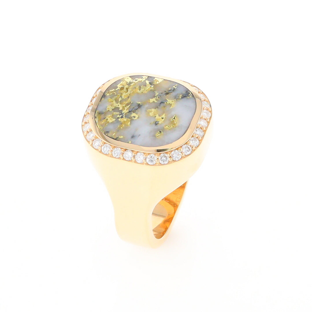 Gold Quartz Cushion Inlaid Men's Ring with Diamond Halo