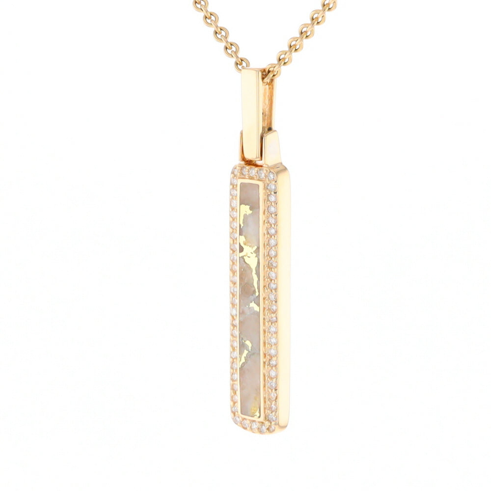 Gold Quartz Necklace, Rectangle Inlaid, .27ctw Diamond Halo Pendant