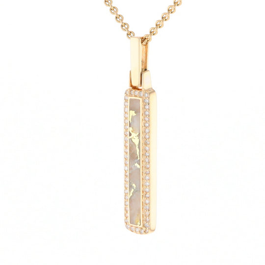 Gold Quartz Necklace, Rectangle Inlaid, .27ctw Diamond Halo Pendant