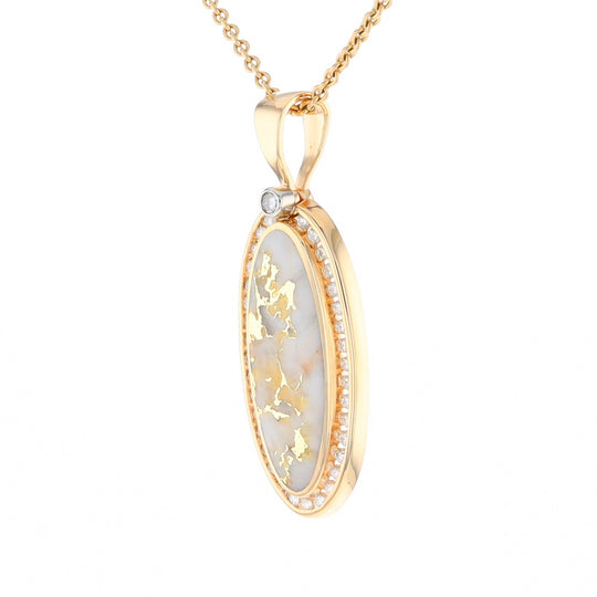 Gold Quartz Necklace .54ctw Halo Diamond Oval Inlaid Pendant