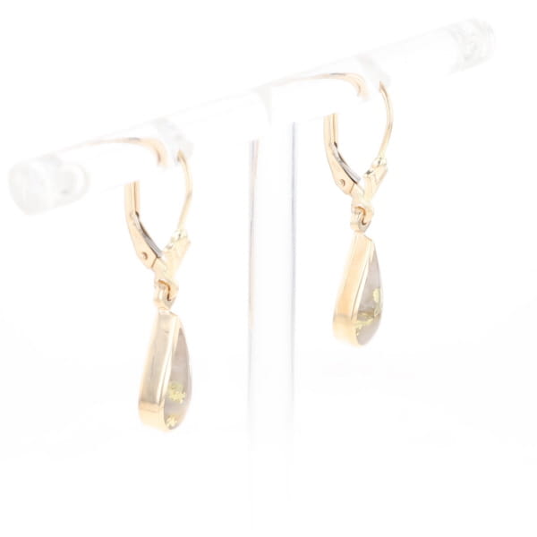 Gold Quartz Earrings Tear Drop Inlaid Lever Backs - G3