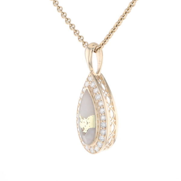 Gold Quartz Pendant Tear Drop Inlaid .42ctw Diamond Halo Design