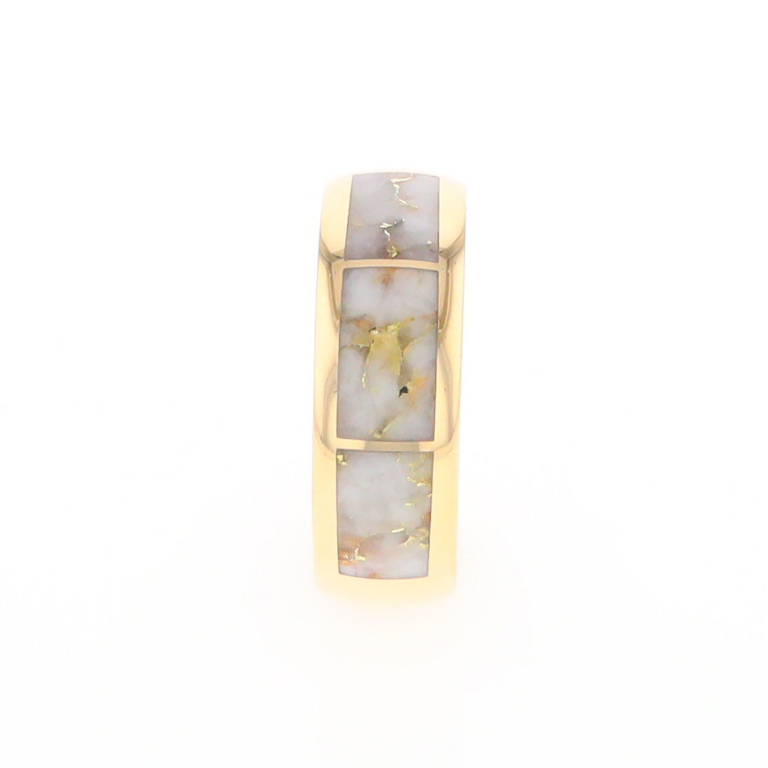 Gold Quartz Ring 3 Section Rectangle Inlaid Design Band