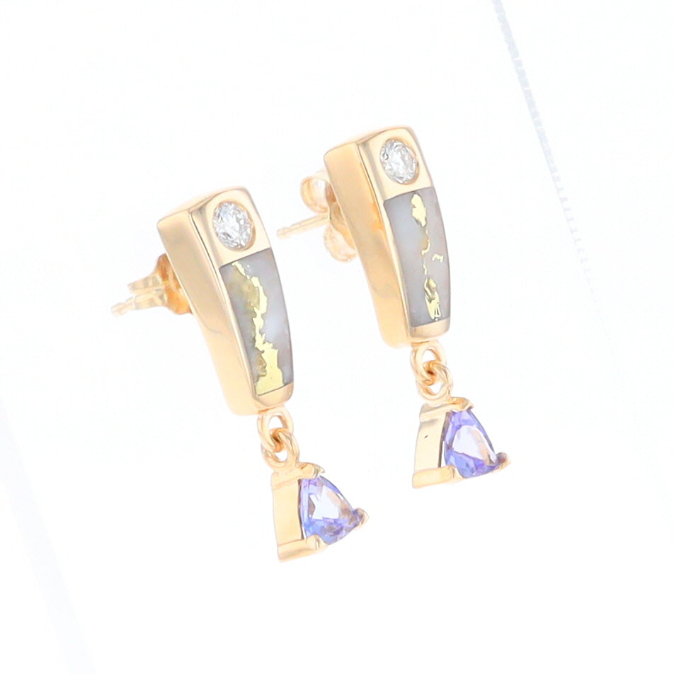 Gold Quartz Earrings Rectangle Inlaid Design with 0.11ct Diamonds & Trillion Cut Tanzanite