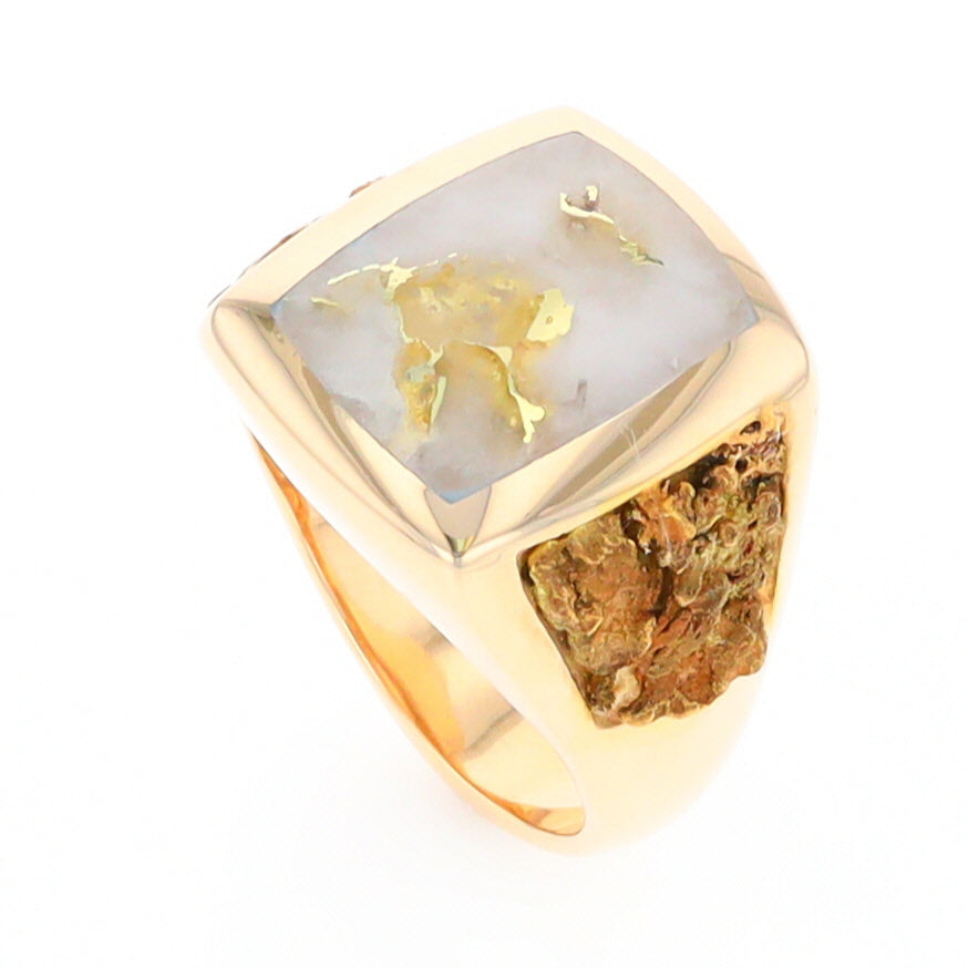 Gold Quartz Ring Double Side Natural Nuggets with Rectangle Inlaid Center