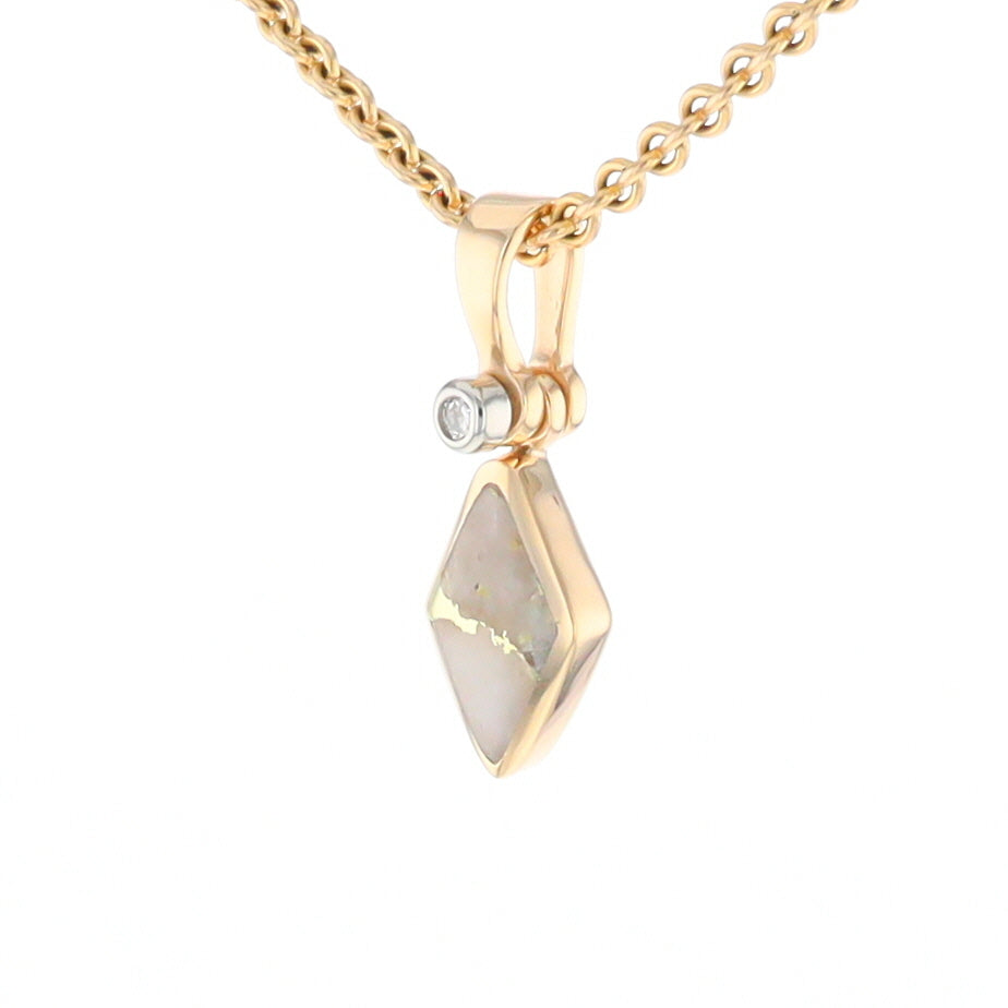 Gold Quartz Necklace Diamond Shape Inlaid Pendant with .02ct Diamond