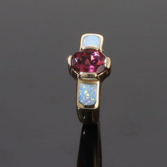 Opal Rings 2 Section Inlaid Design with Oval Pink Tourmaline