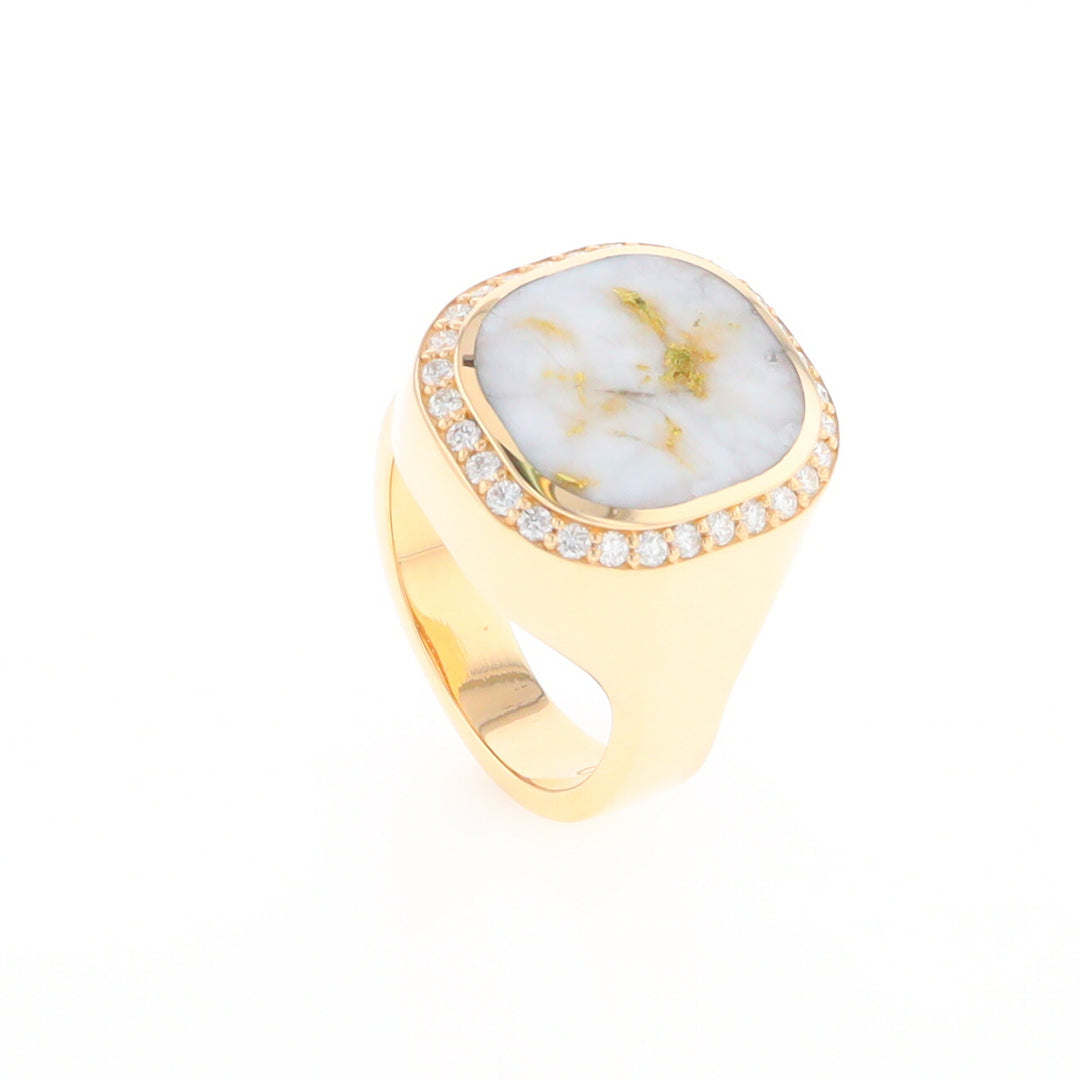 Gold Quartz Cushion Inlaid Men's Ring with Diamond Halo