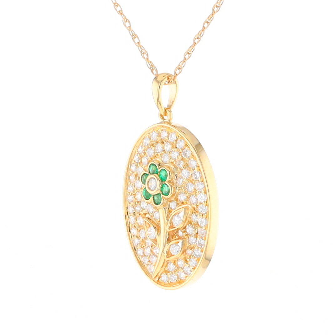 Emerald and Diamond Encrusted Oval Flower Pendant