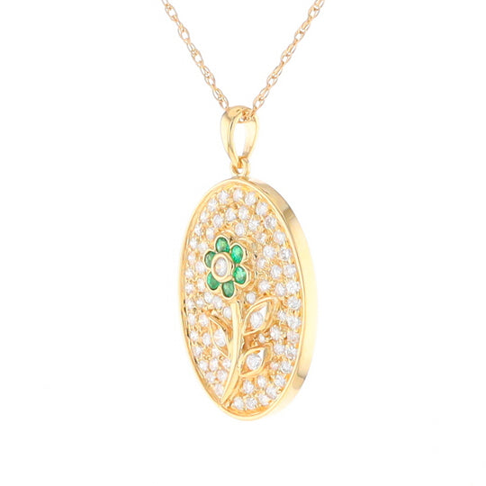 Emerald and Diamond Encrusted Oval Flower Pendant