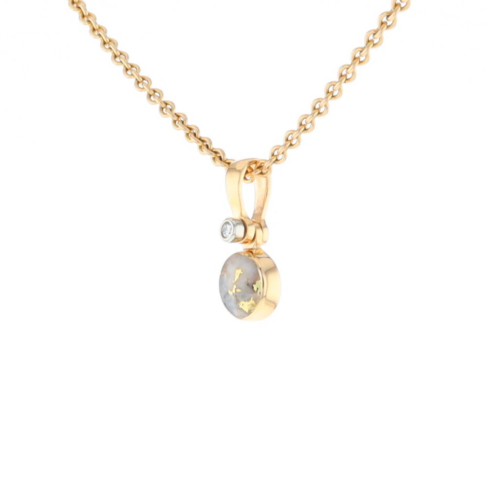 Gold Quartz Necklace Round Inlaid Pendant with .02ct Round Diamond