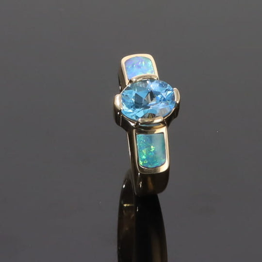 Opal Rings 2 Section Inlaid Design with Oval Swiss Blue Topaz Center