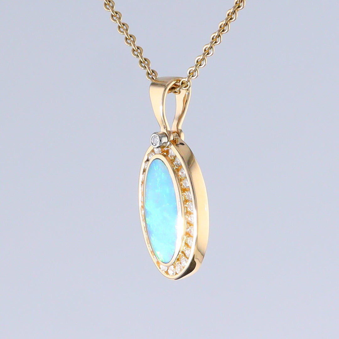 Opal Pendant Oval Inlaid Design with .37ctw Round Diamonds Halo