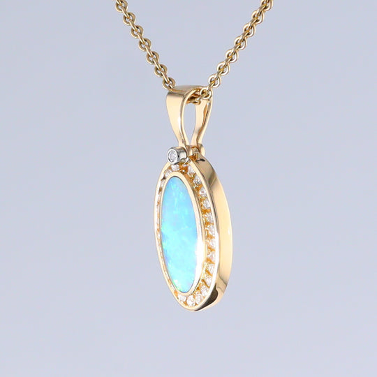 Opal Pendant Oval Inlaid Design with .37ctw Round Diamonds Halo