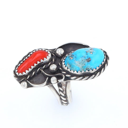 Freeform Turquoise and Coral Silver Rope Ring