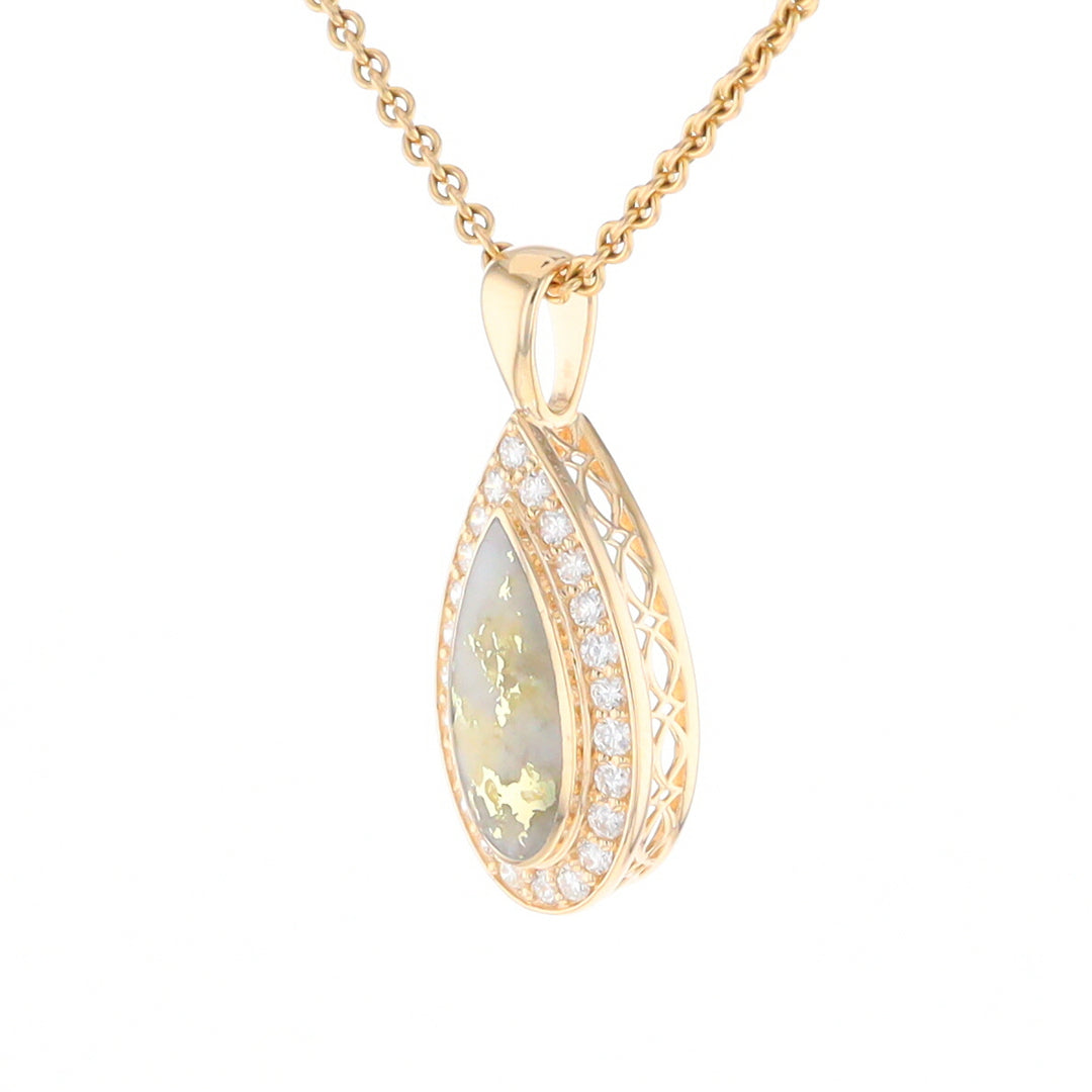 Gold Quartz Pendant Tear Drop Inlaid .42ctw Diamond Halo Design