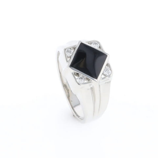 Natural onyx ring diamond shape inlaid design with .16ctw round diamonds