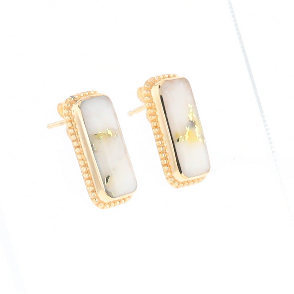 Gold Quartz Earrings Rectangle Inlaid Milgrain Design - G2