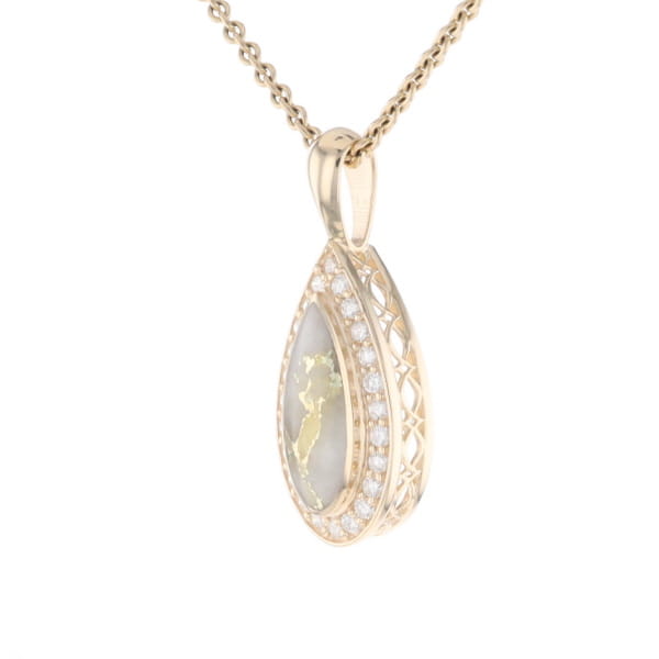 Gold Quartz Pendant Tear Drop Inlaid .42ctw Diamond Halo Design