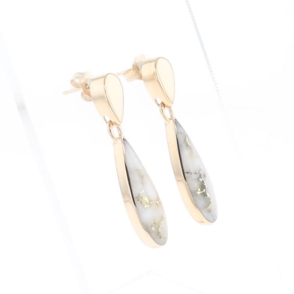 Gold Quartz Earrings Tear Drop Inlaid Design