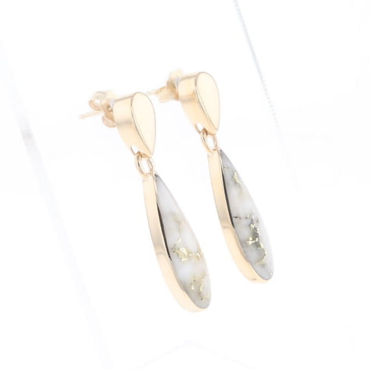 Gold Quartz Earrings Tear Drop Inlaid Design
