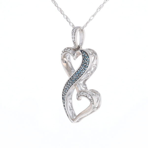 Blue and White Diamond Double Open Heart Pendant with 16" Singapore Chain