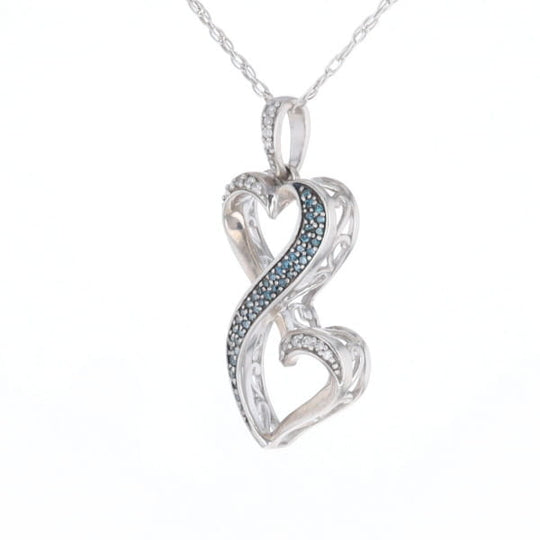 Blue and White Diamond Double Open Heart Pendant with 16" Singapore Chain