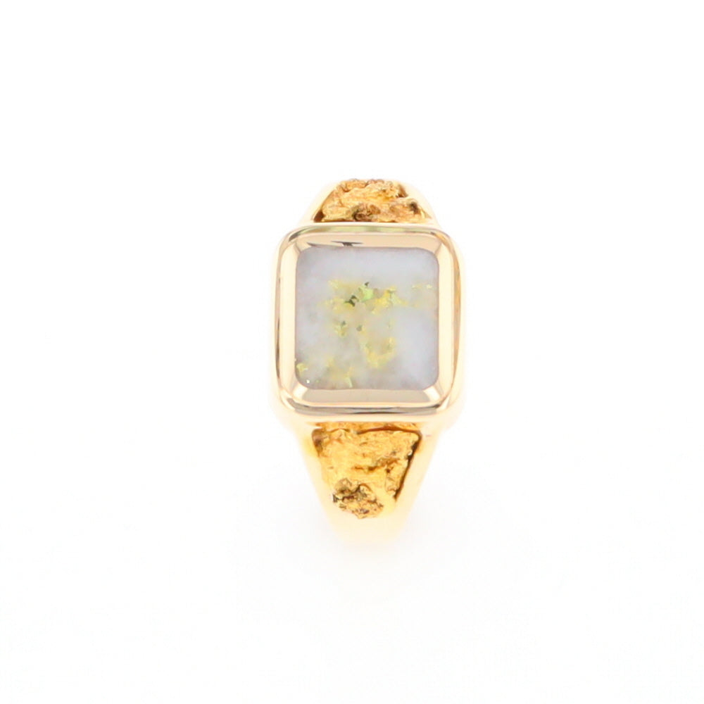 Gold Quartz Ring Square Inlaid Center Design with Natural Nugget Sides