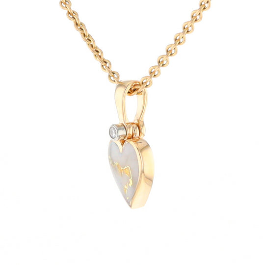 Gold Quartz Necklace Heart Inlaid Design Pendant with .02ct Diamond