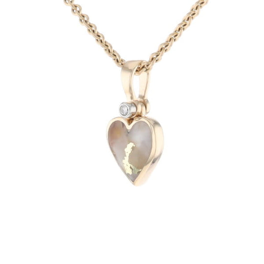 Gold Quartz Necklace Heart Inlaid Design Pendant with .02ct Diamond