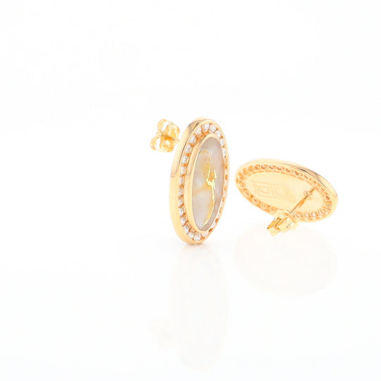 Gold Quartz Earrings Oval Inlaid Design .73ctw Round Diamonds Halo