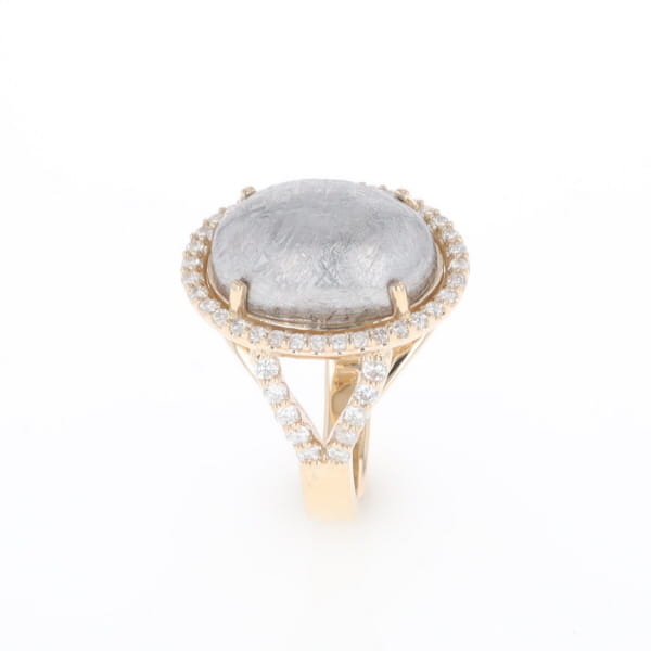 Meteorite Ring Oval Cabochon 0.65ctw Round Diamonds Halo