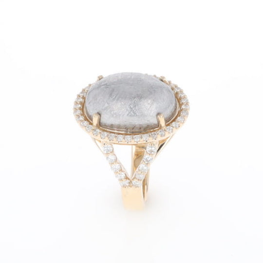 Meteorite Ring Oval Cabochon 0.65ctw Round Diamonds Halo