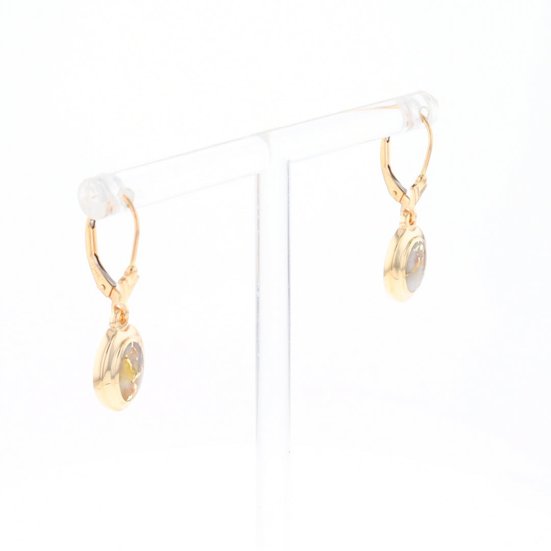 Gold Quartz Earrings Oval Inlaid Design Lever Backs - G2