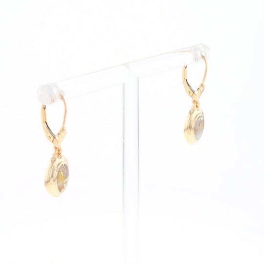 Gold Quartz Earrings Oval Inlaid Design Lever Backs - G2