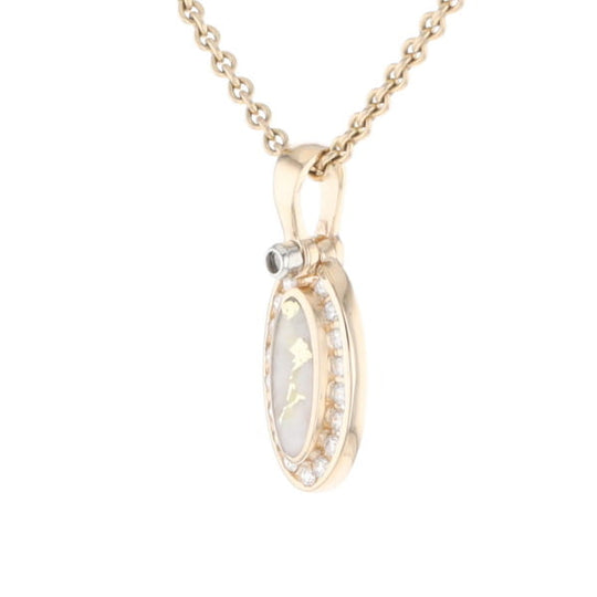 Gold Quartz Pendant Oval Inlaid with .22ctw Round Diamonds Halo (G1)