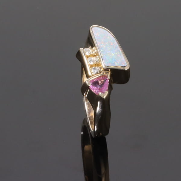 Opal Rings Geometric Inlaid with Pink Sapphire and .08ctw Diamonds