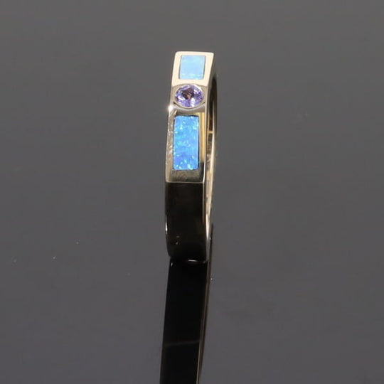 Opal Rings 2 Section Inlaid Design with Round Tanzanite