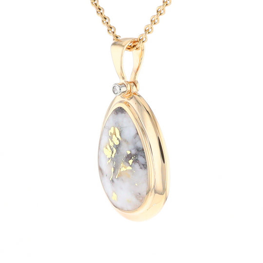 Gold Quartz Necklace Pear Shape Inlaid Pendant with .02ct Diamond