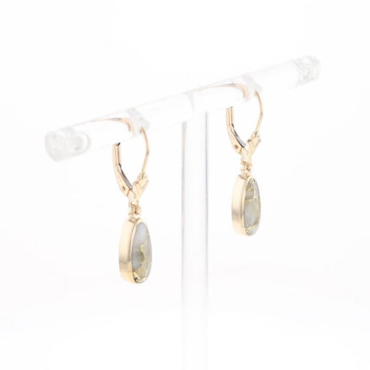 Gold Quartz Earrings Tear Drop Inlaid Lever Backs