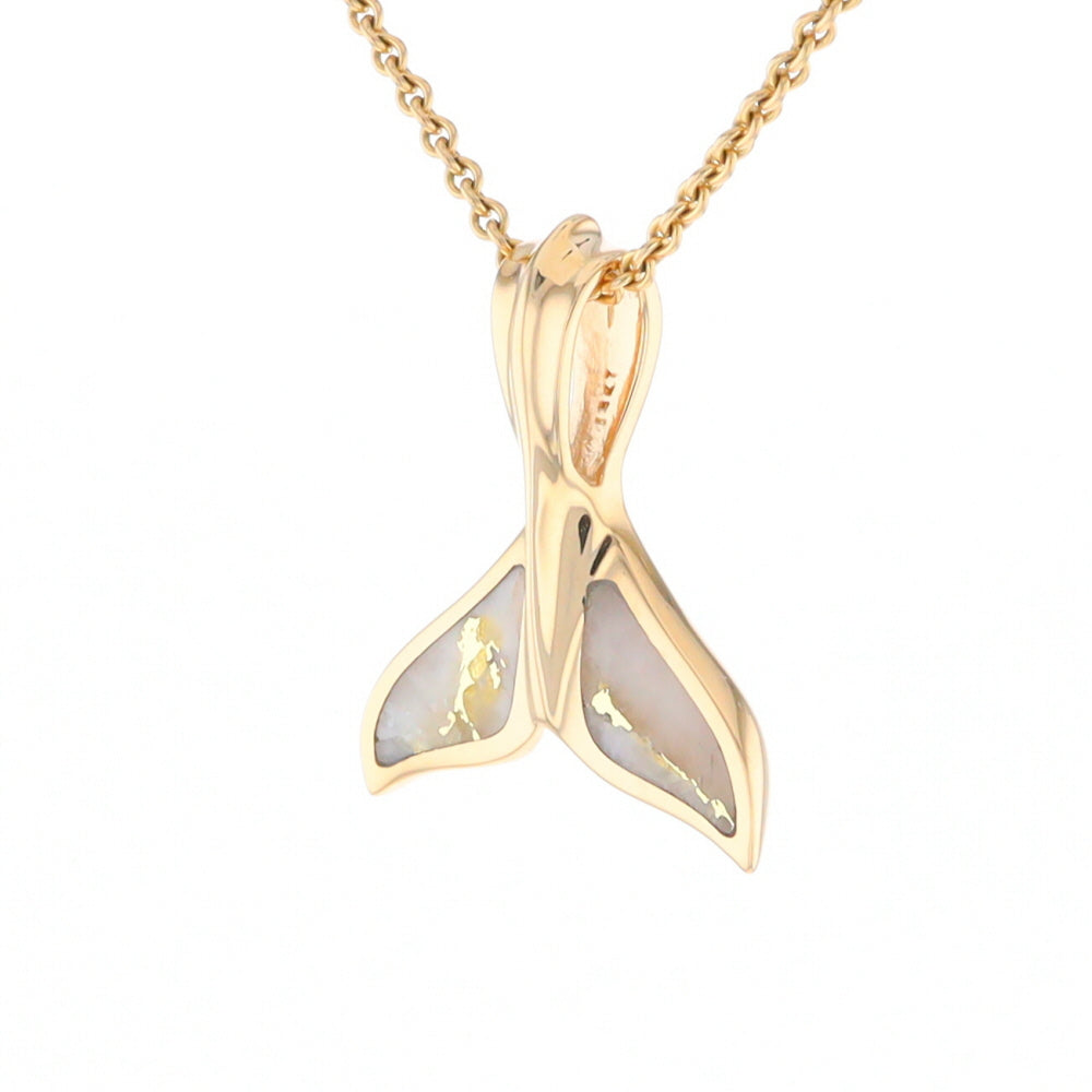 Whale Tail Necklaces Gold Quartz Double Sided Inlaid Sea Life Pendant