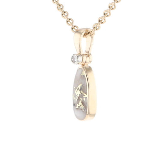 Gold Quartz Necklace Pear Shape Inlaid Pendant with .02ct Diamond