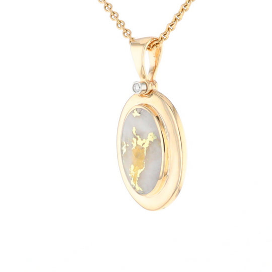 Gold Quartz Necklace Oval Inlaid Pendant with a .02ct Diamond