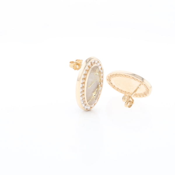Gold Quartz Earrings Oval Inlaid Design .73ctw Round Diamonds Halo G2