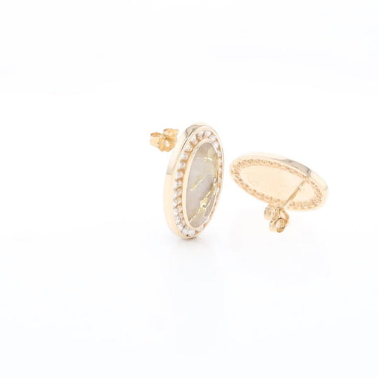 Gold Quartz Earrings Oval Inlaid Design .73ctw Round Diamonds Halo G2