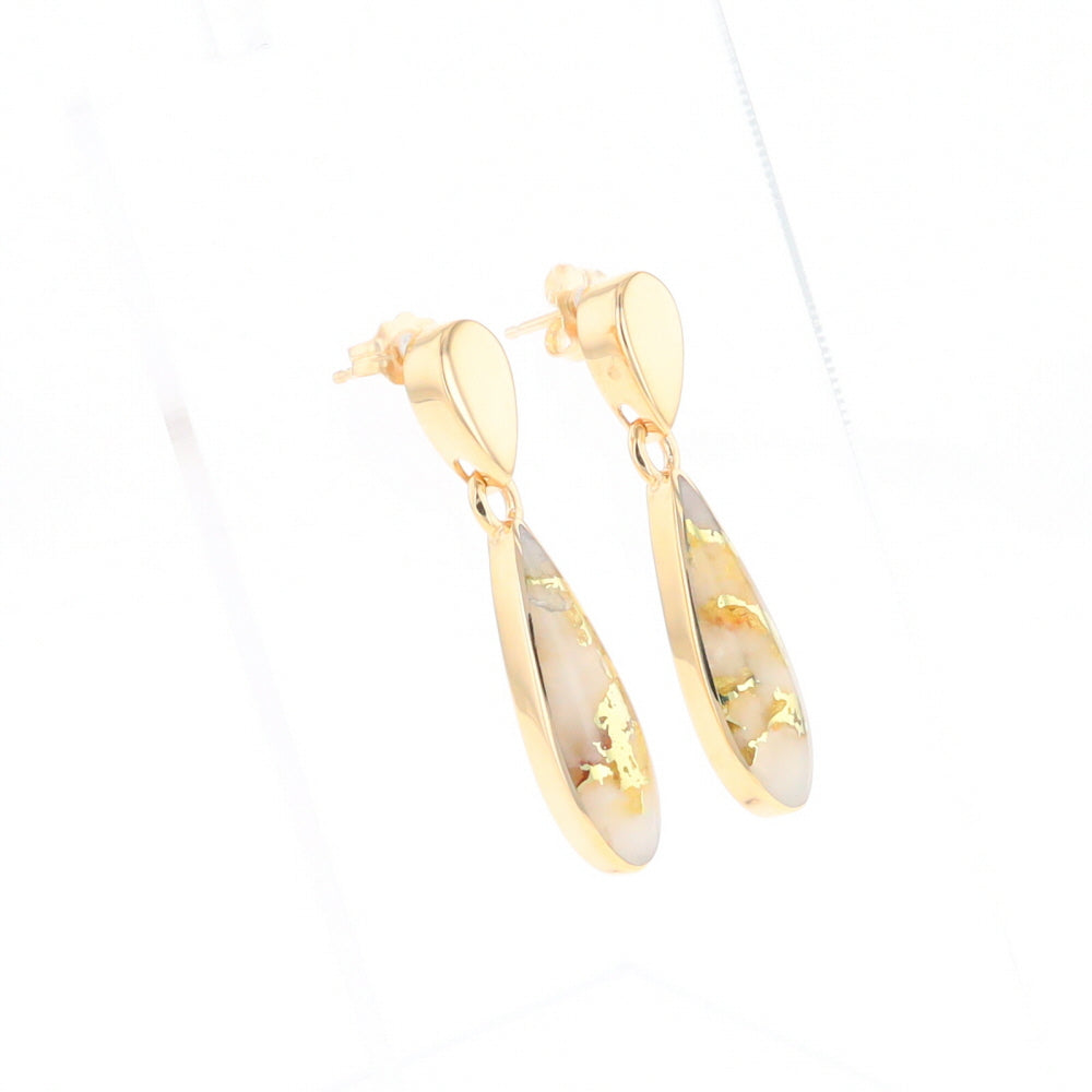 Gold Quartz Earrings Tear Drop Inlaid Design