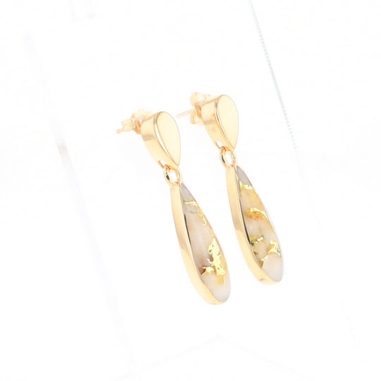 Gold Quartz Earrings Tear Drop Inlaid Design