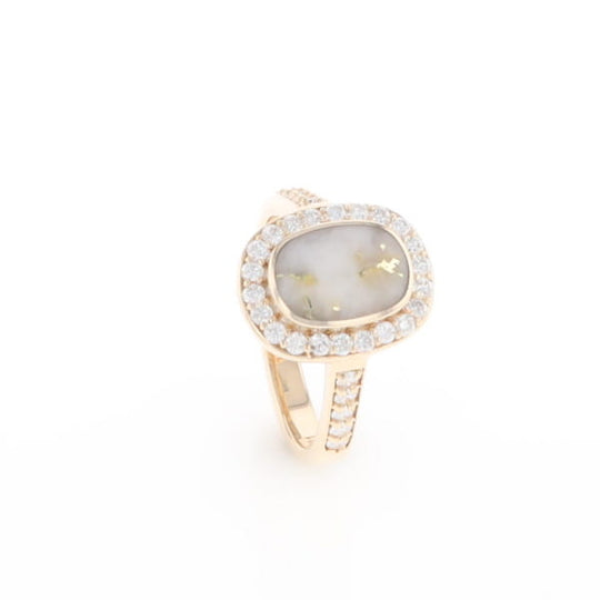 Rectangular Gold Quartz Inlaid Ring with 0.65ctw Diamond Halo