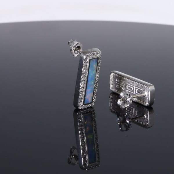 Opal Earrings Rectangle Inlaid with .50ctw Round Diamond Halo Studs