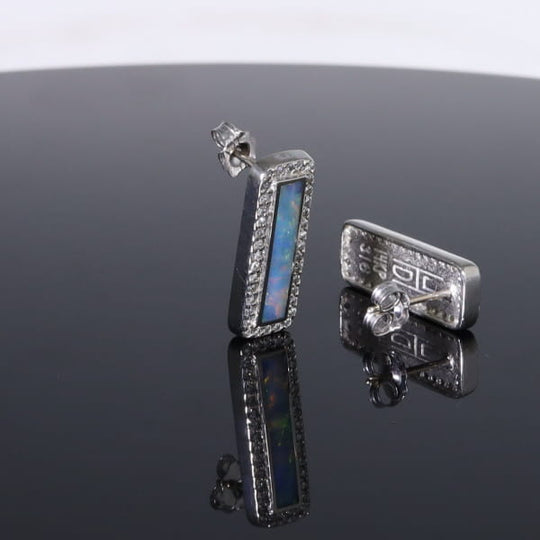 Opal Earrings Rectangle Inlaid with .50ctw Round Diamond Halo Studs